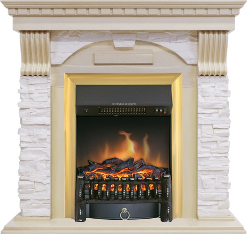 Каминокомплект Dublin - Слоновая кость с патиной / Сланец крем с очагом Fobos FX Brass фото 1