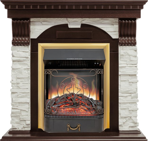 Каминокомплект Dublin угловой - Темный дуб / Сланец белый с очагом Majestic FX Brass фото 1