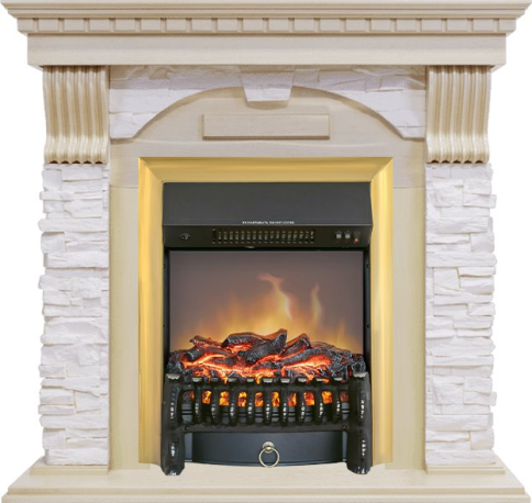 Каминокомплект Dublin - Слоновая кость с патиной / Сланец крем с очагом Fobos FX M Brass фото 1