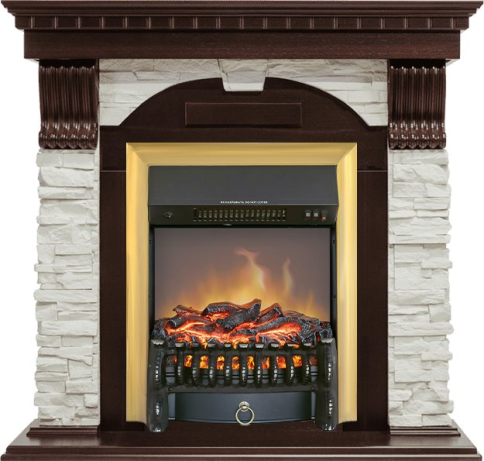 Каминокомплект Dublin угловой - Темный дуб / Сланец белый с очагом Fobos FX M Brass фото 1