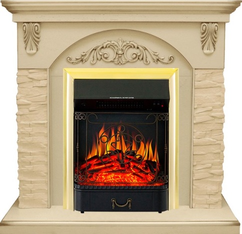 Каминокомплект Bern Сланец крупный бежевый / Алебастр темная патина с очагом Majestic FX Brass фото 2