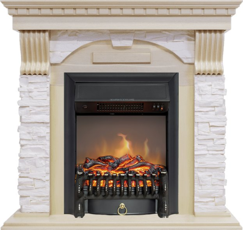 Каминокомплект Dublin - Слоновая кость с патиной / Сланец крем с очагом Fobos FX M Black фото 1