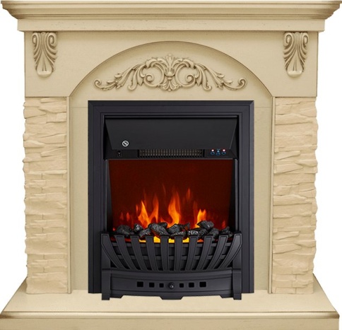 Каминокомплект Bern Сланец крупный бежевый / Алебастр темная патина с очагом Aspen Black фото 2