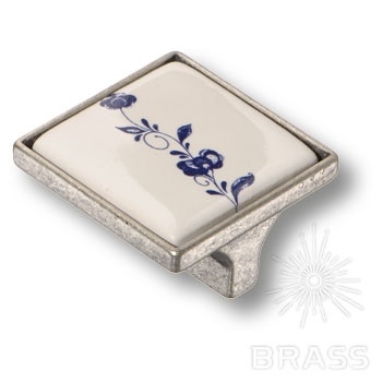 Brass Ручка кнопка 15.326.32.PO01.16 синий цветочный орнамент / старое серебро 32 мм фото 1