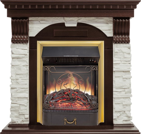 Каминокомплект Dublin угловой - Темный дуб / Сланец белый с очагом Majestic FX M Brass фото 1