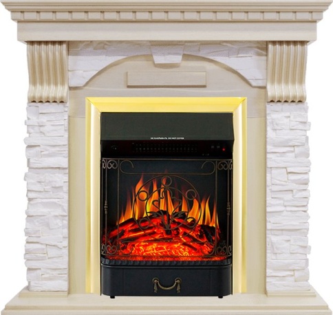 Каминокомплект Dublin - Слоновая кость с патиной / Сланец крем с очагом Majestic FX Brass фото 2