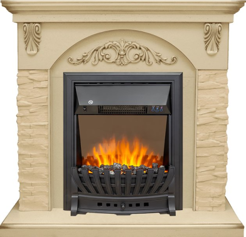 Каминокомплект Bern Сланец крупный бежевый / Алебастр темная патина с очагом Aspen Black фото 1