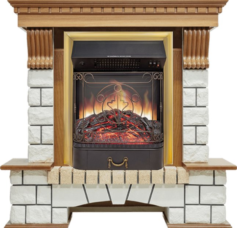 Каминокомплект Pierre Luxe - Дуб / Белый с очагом Majestic FX M Brass фото 1
