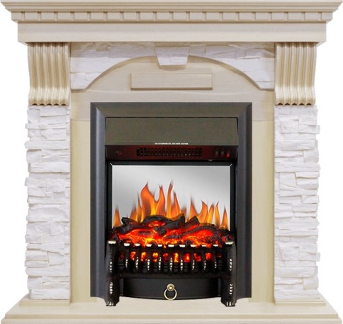 Каминокомплект Dublin - Слоновая кость с патиной / Сланец крем с очагом Fobos FX M Black фото 2