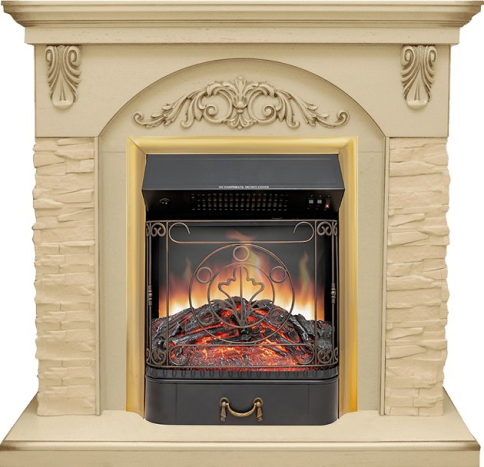 Каминокомплект Bern Сланец крупный бежевый / Алебастр темная патина с очагом Majestic FX Brass фото 1