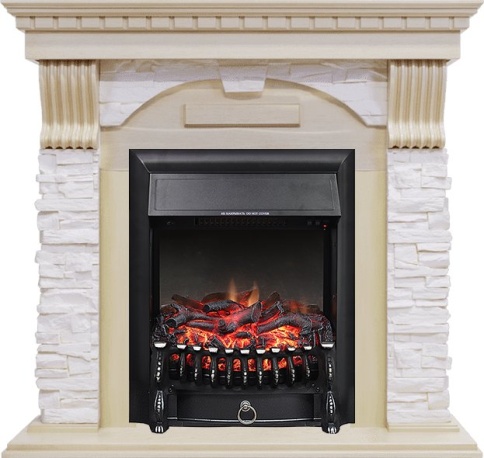 Каминокомплект Dublin - Слоновая кость с патиной / Сланец крем с очагом Fobos FX Black фото 2